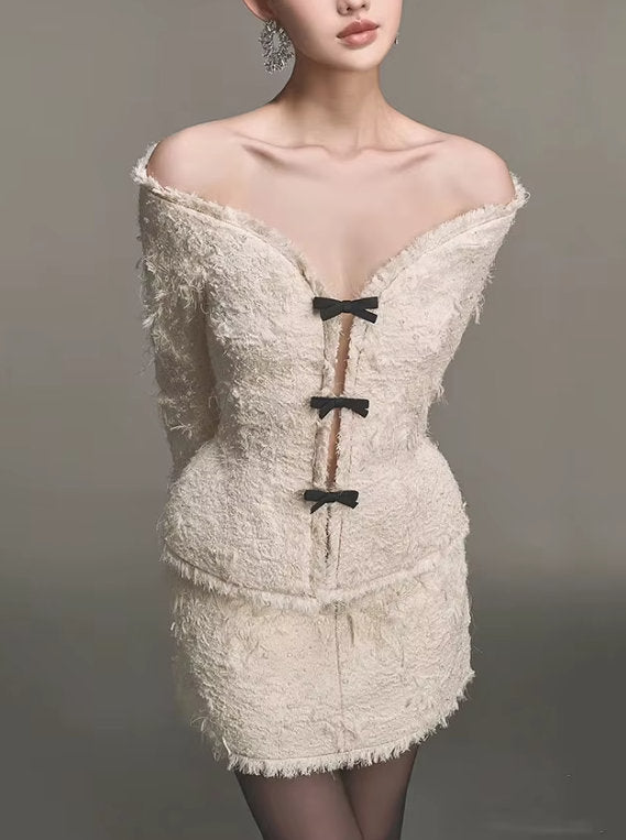 Fringed Off-Shoulder Ivory Tweed Jacket and Skirt Set - Suits & Sets