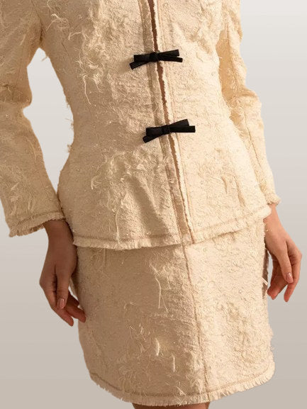 Fringed Off-Shoulder Ivory Tweed Jacket and Skirt Set - Suits & Sets