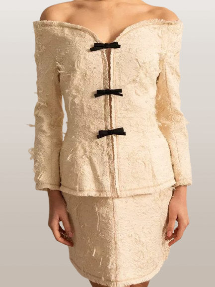 Fringed Off-Shoulder Ivory Tweed Jacket and Skirt Set - Suits & Sets