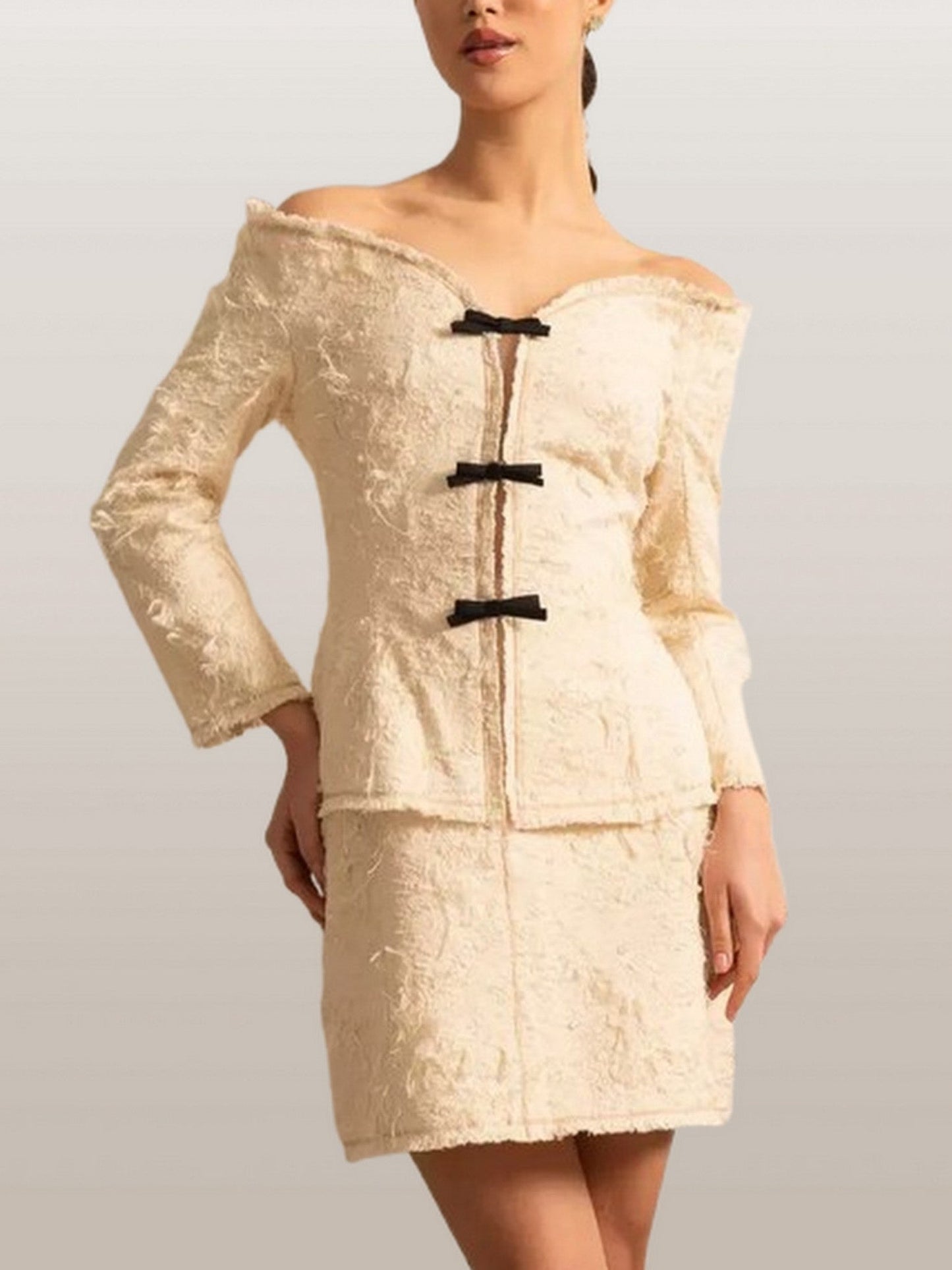 Fringed Off-Shoulder Ivory Tweed Jacket and Skirt Set - Suits & Sets