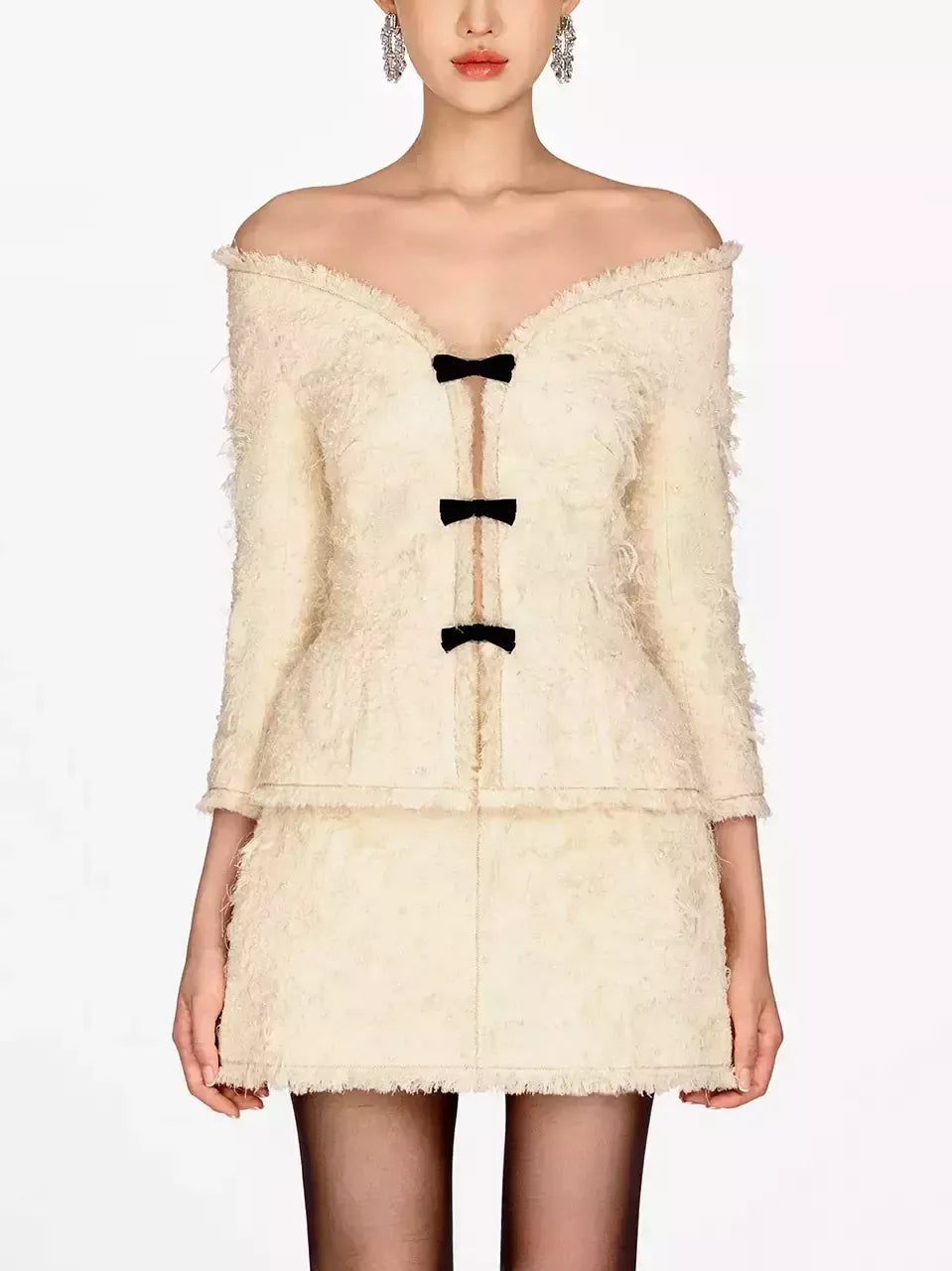 Fringed Off-Shoulder Ivory Tweed Jacket and Skirt Set - Suits & Sets