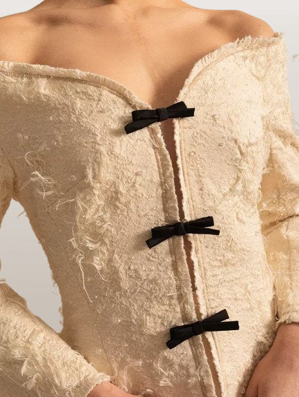 Fringed Off-Shoulder Ivory Tweed Jacket and Skirt Set - Suits & Sets