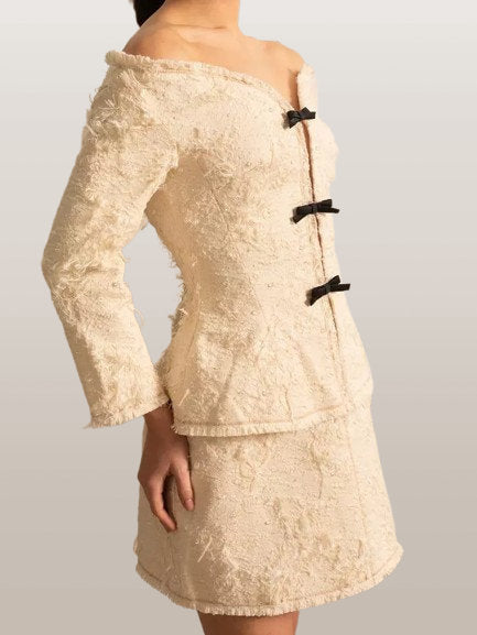 Fringed Off-Shoulder Ivory Tweed Jacket and Skirt Set - Suits & Sets