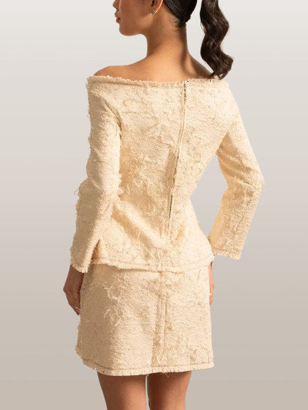 Fringed Off-Shoulder Ivory Tweed Jacket and Skirt Set - Suits & Sets
