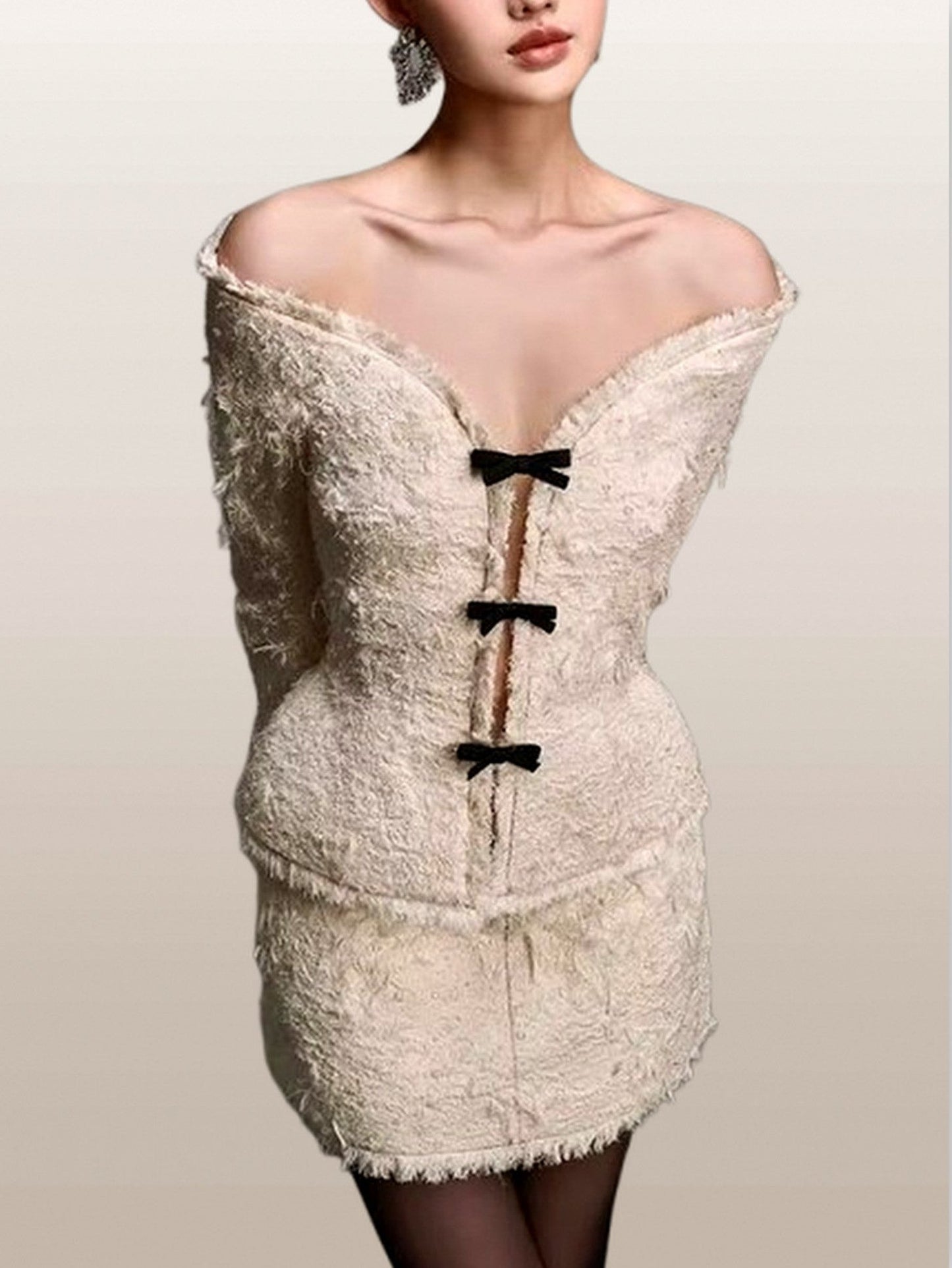 Fringed Off-Shoulder Ivory Tweed Jacket and Skirt Set - S - Suits & Sets