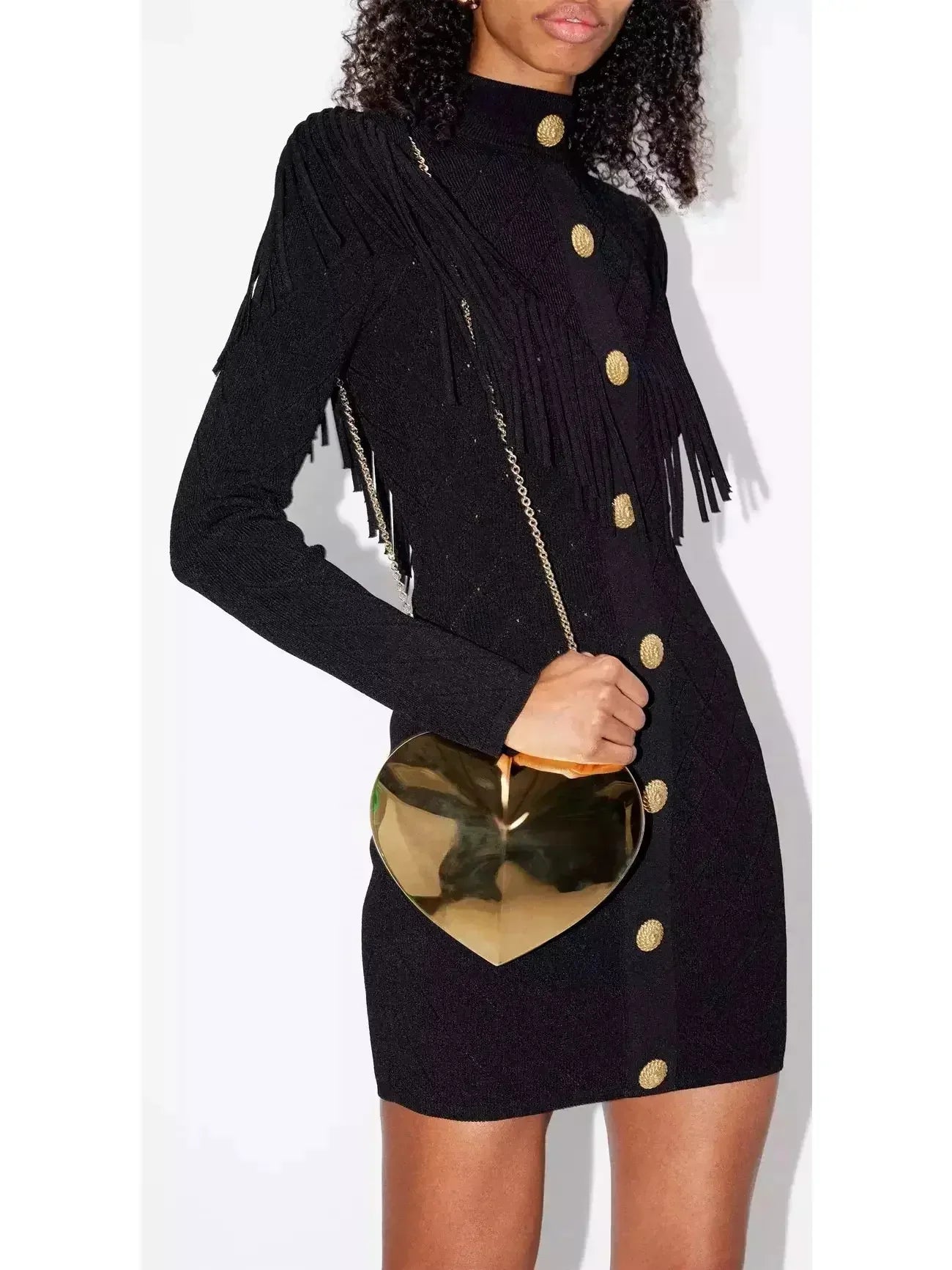 Fringed-Trim Knitted Mini Dress Black - Dresses