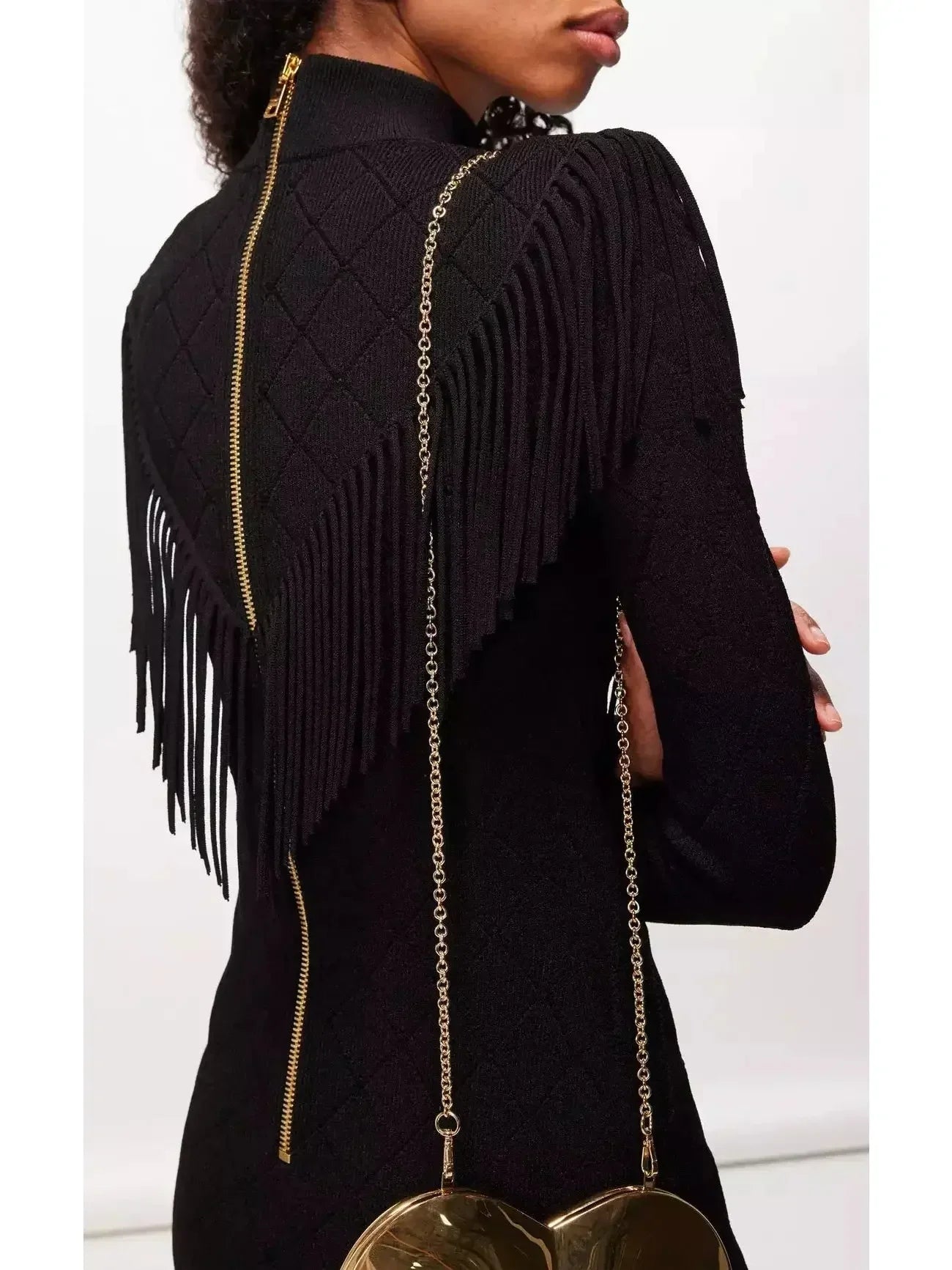 Fringed-Trim Knitted Mini Dress Black - Dresses