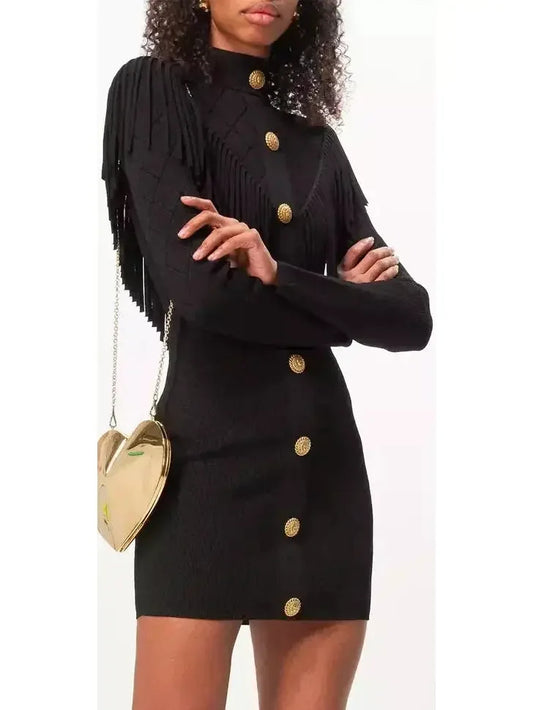 Fringed-Trim Knitted Mini Dress Black - small - Dresses