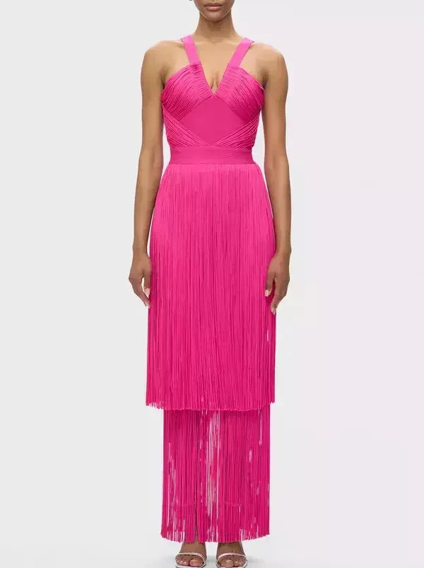 Fringed V-Cut Sleeveless Gown - Dresses