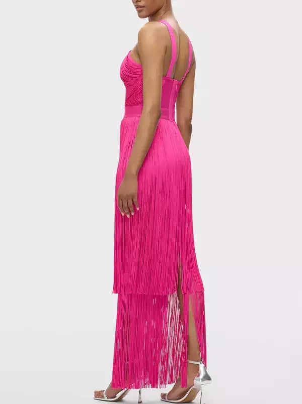 Fringed V-Cut Sleeveless Gown - Dresses