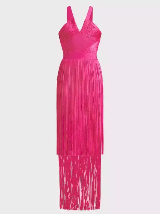 Fringed V-Cut Sleeveless Gown - Dresses