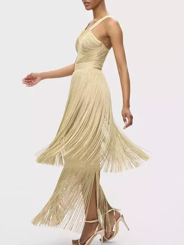 Fringed V-Cut Sleeveless Gown - Dresses