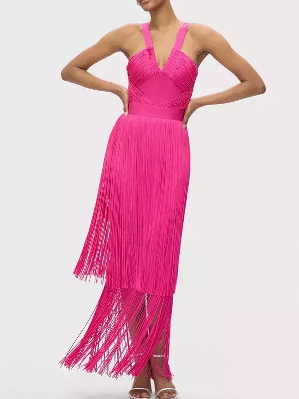 Fringed V-Cut Sleeveless Gown - Dresses