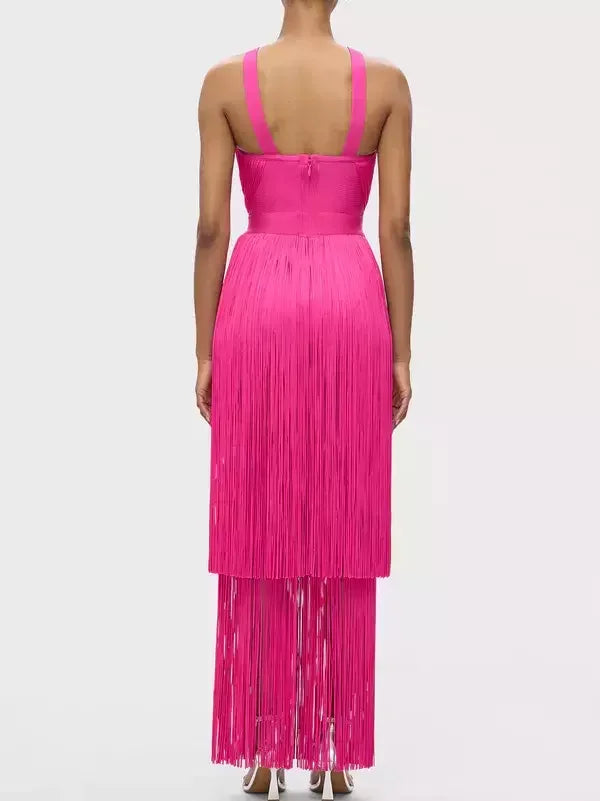 Fringed V-Cut Sleeveless Gown - Dresses