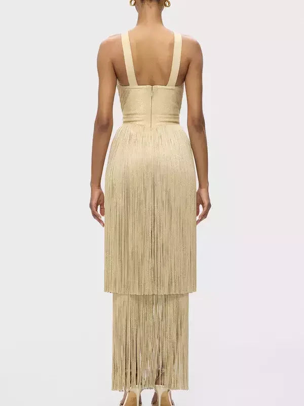 Fringed V-Cut Sleeveless Gown - Dresses