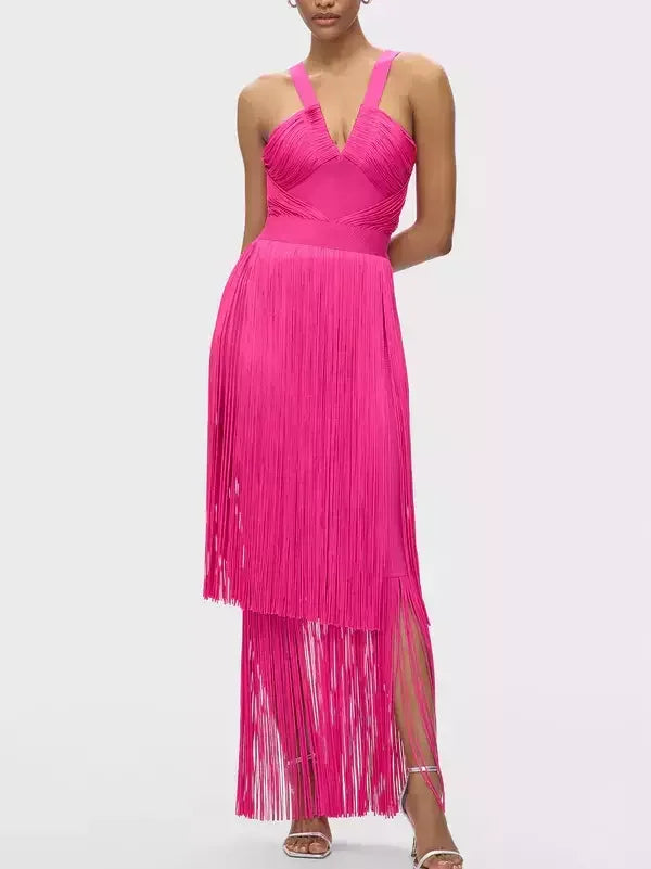 Fringed V-Cut Sleeveless Gown - Dresses