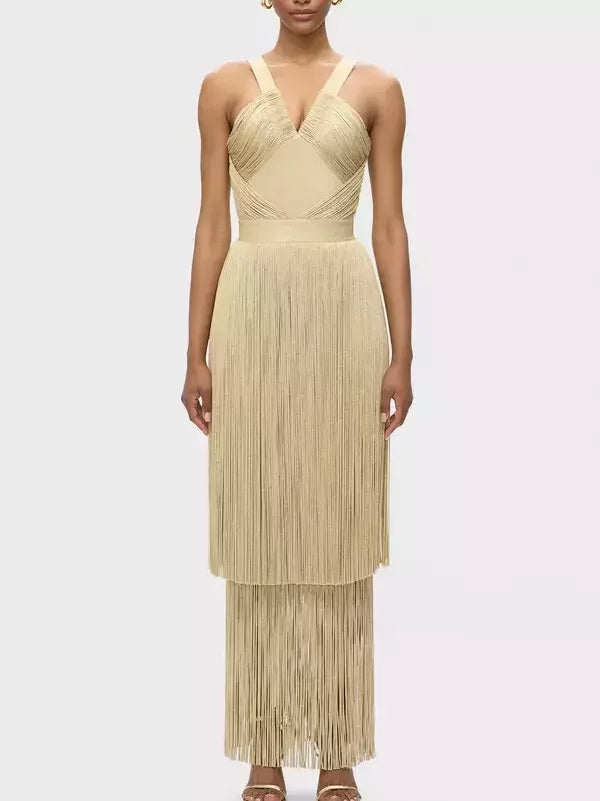 Fringed V-Cut Sleeveless Gown - S / Beige - Dresses