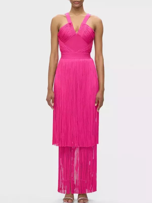Fringed V-Cut Sleeveless Gown - S / Fuchsia Pink - Dresses