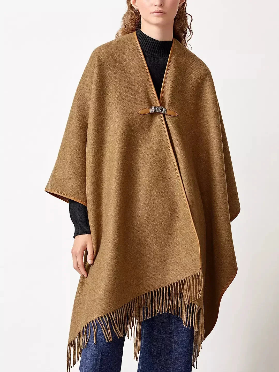 Front Twist-Lock Fringed Wool Cashmere Poncho - Coats
