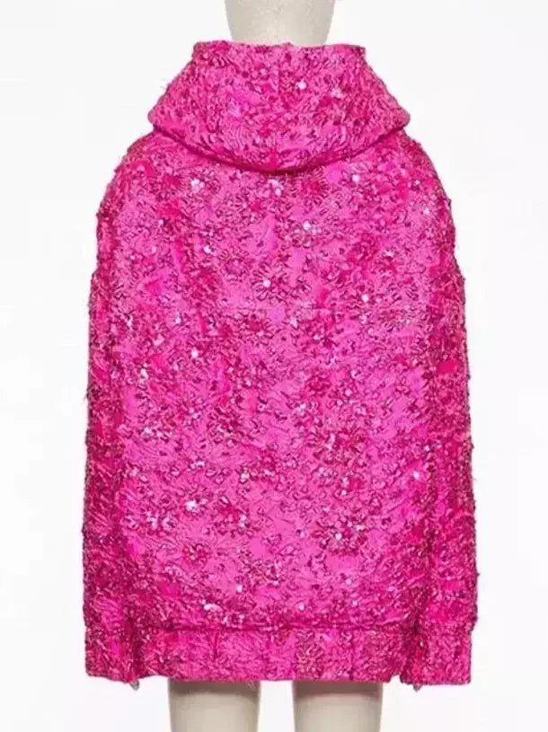 Fuchsia Floral Embroidered Hoodie with Sequins - Tops
