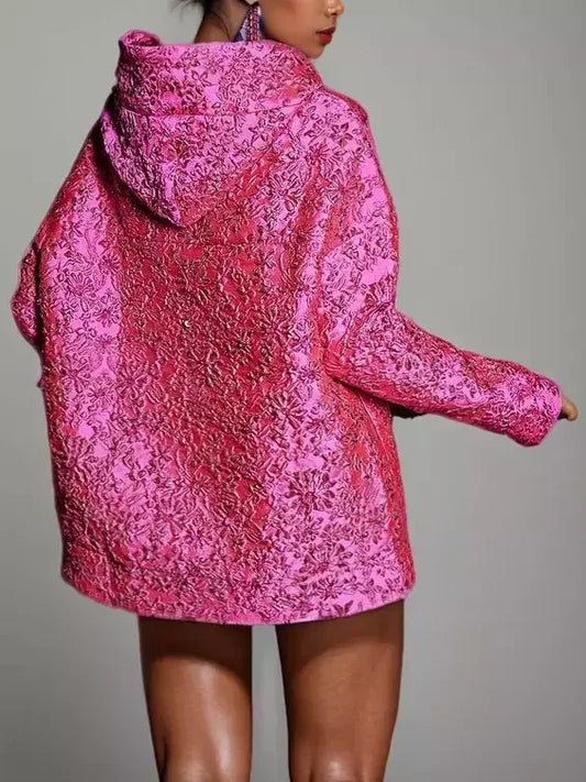 Fuchsia Floral Embroidered Hoodie with Sequins - Tops