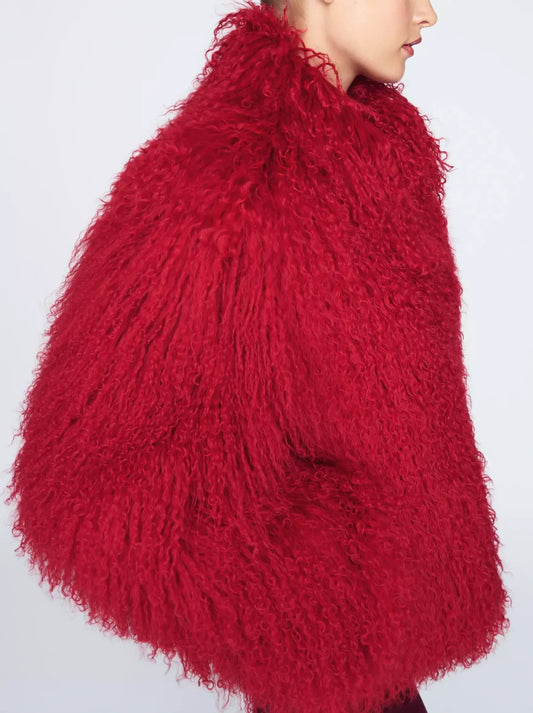 Full Mongolian Sheepskin Jacket in Red - Jackets