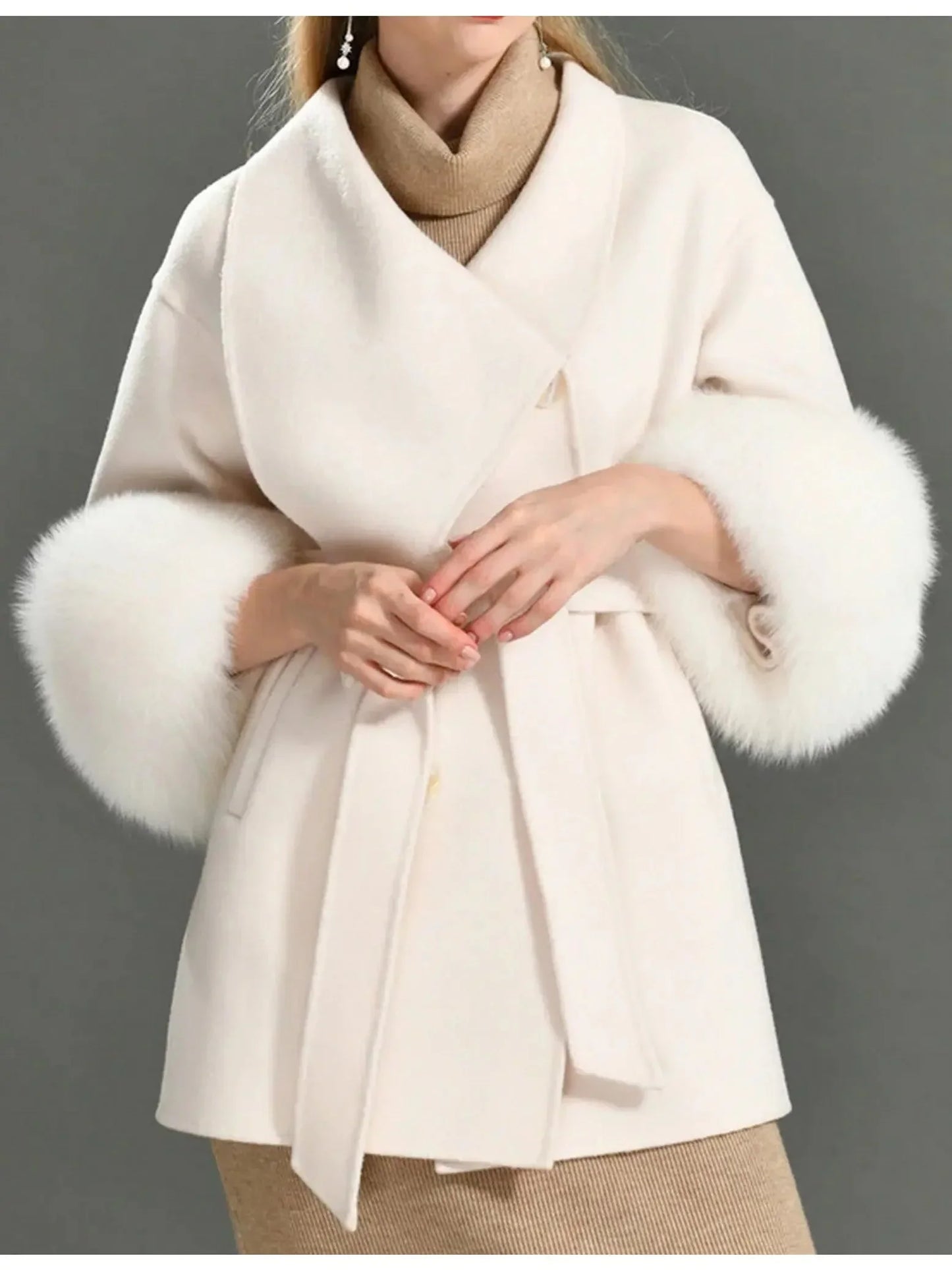 Fur Cuffed Wrap Wool Coat - Coats