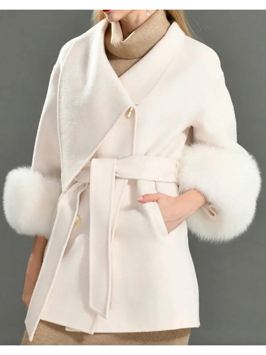 Fur Cuffed Wrap Wool Coat - Coats