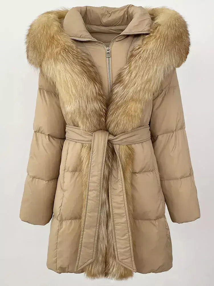 Fur-Trim Belted Down Coat in Beige - Coats