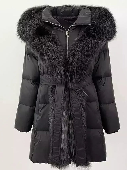 Fur-Trim Belted Down Coat in Black - Coats