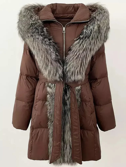 Fur-Trim Belted Down Coat in Brown with Natural and Black Fur - Coats