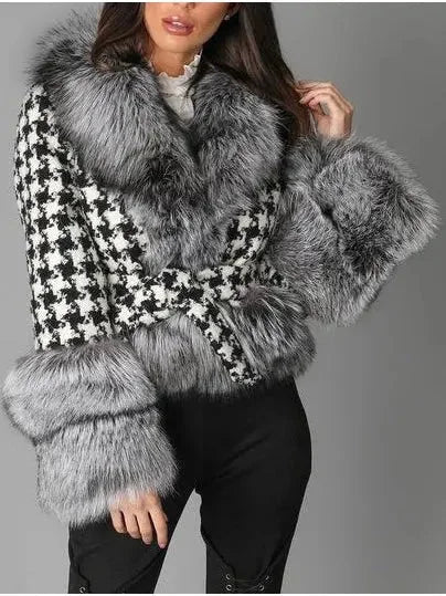 Fur-Trim Houndstooth Jacket - Jackets