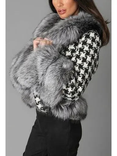 Fur-Trim Houndstooth Jacket - Jackets