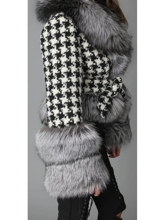 Fur-Trim Houndstooth Jacket - Jackets