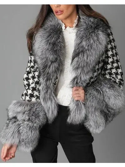 Fur-Trim Houndstooth Jacket - Jackets