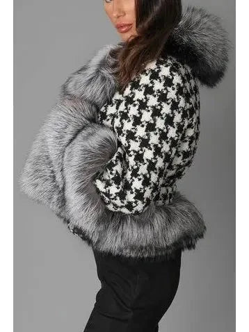 Fur-Trim Houndstooth Jacket - Jackets