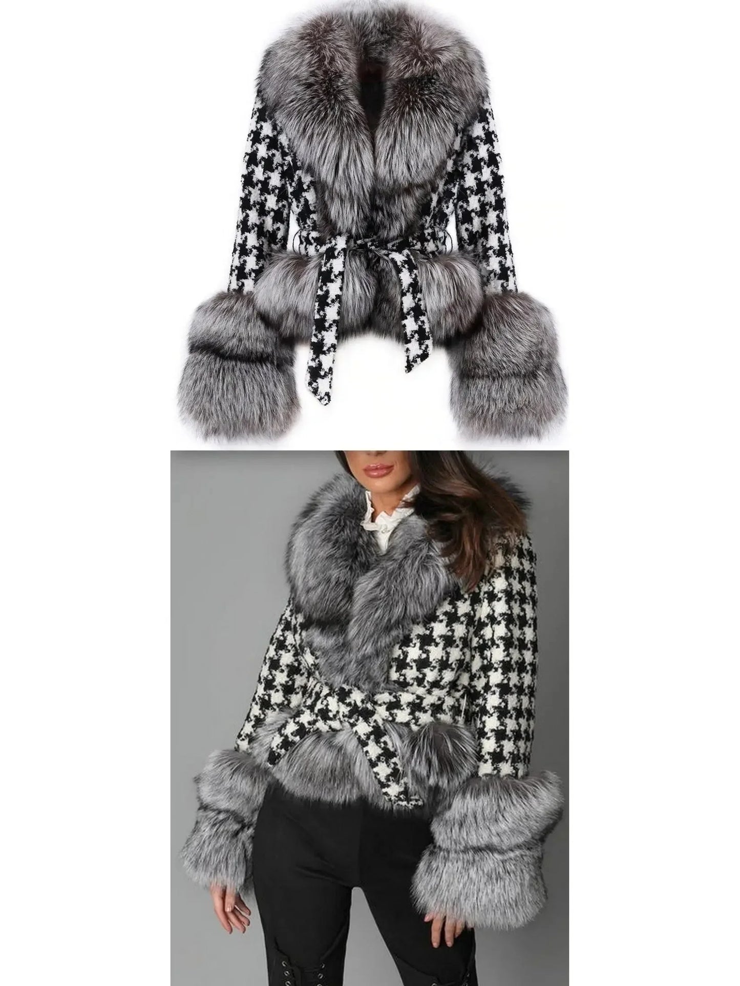 Fur-Trim Houndstooth Jacket - s - Jackets