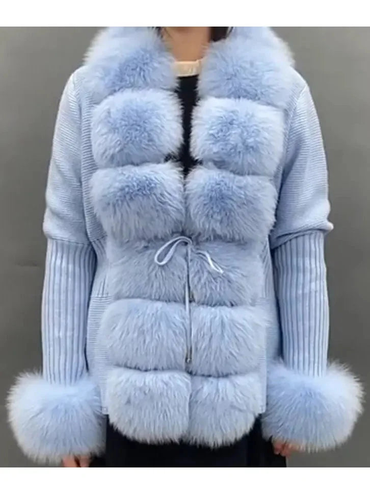 Fur-Trim Knit Cardigan Sweater in Light Blue - Sweaters & Knitwear