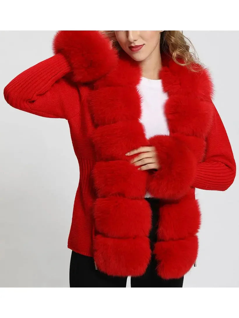 Fur-Trim Knit Cardigan Sweater in Red - Sweaters & Knitwear