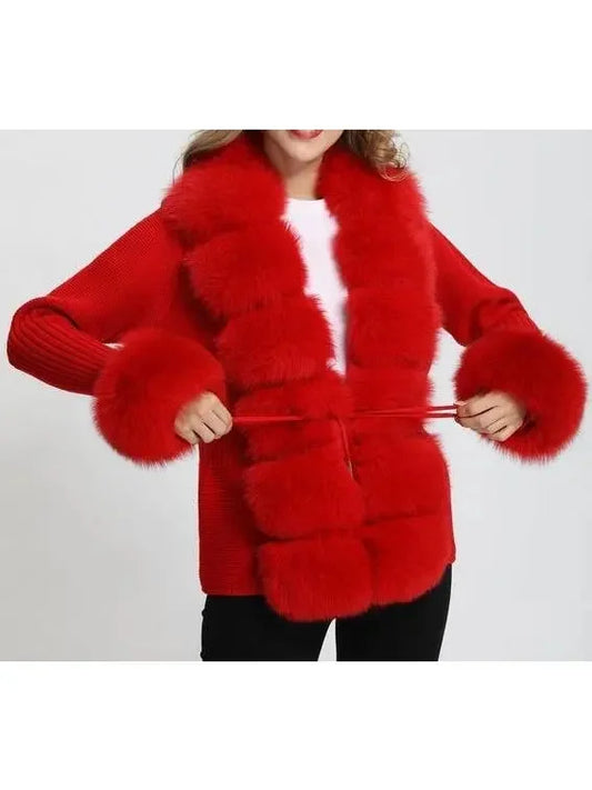 Fur-Trim Knit Cardigan Sweater in Red - Sweaters & Knitwear