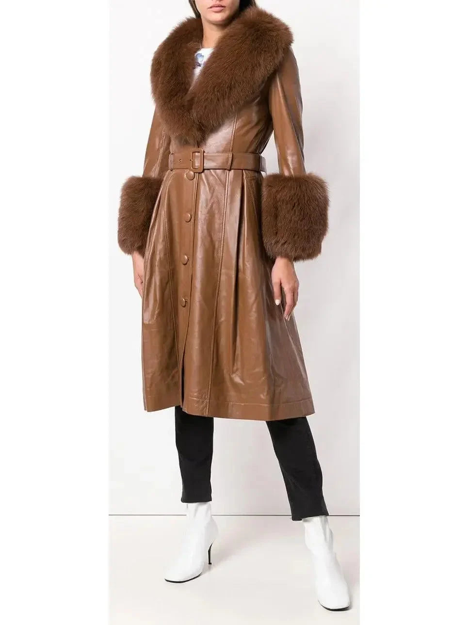 Fur-Trim Leather Coat Brown - Coats
