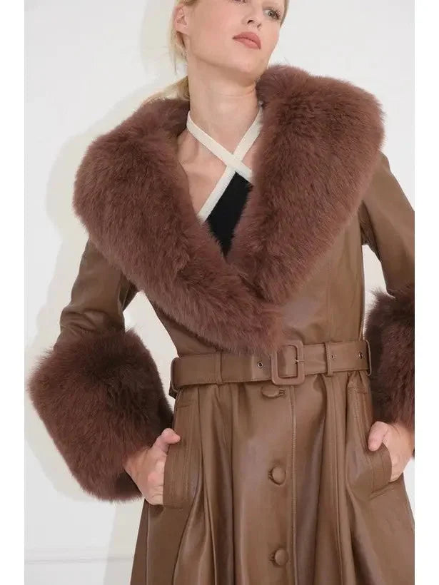Fur-Trim Leather Coat Brown - Coats