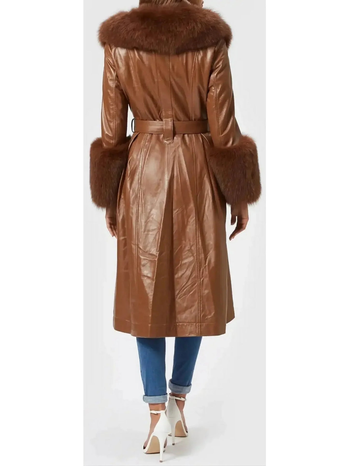 Fur-Trim Leather Coat Brown - Coats