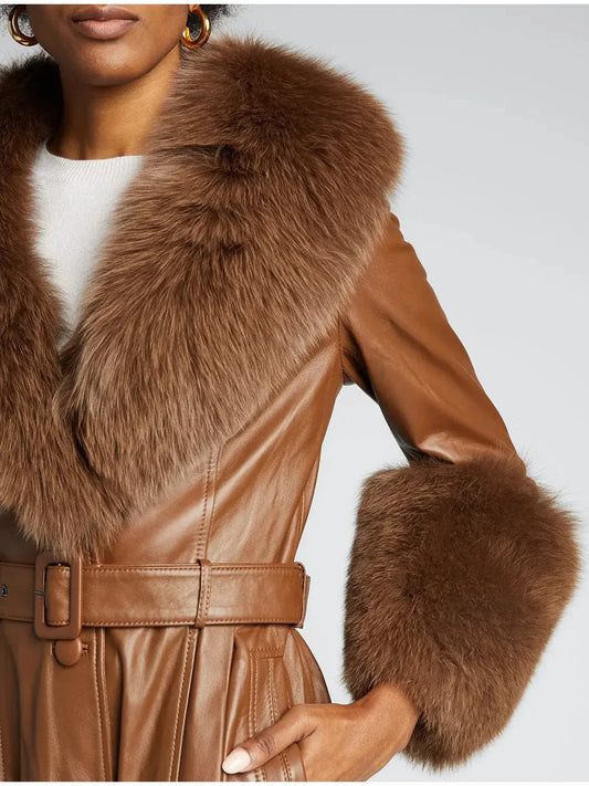 Fur-Trim Leather Coat Brown - Coats