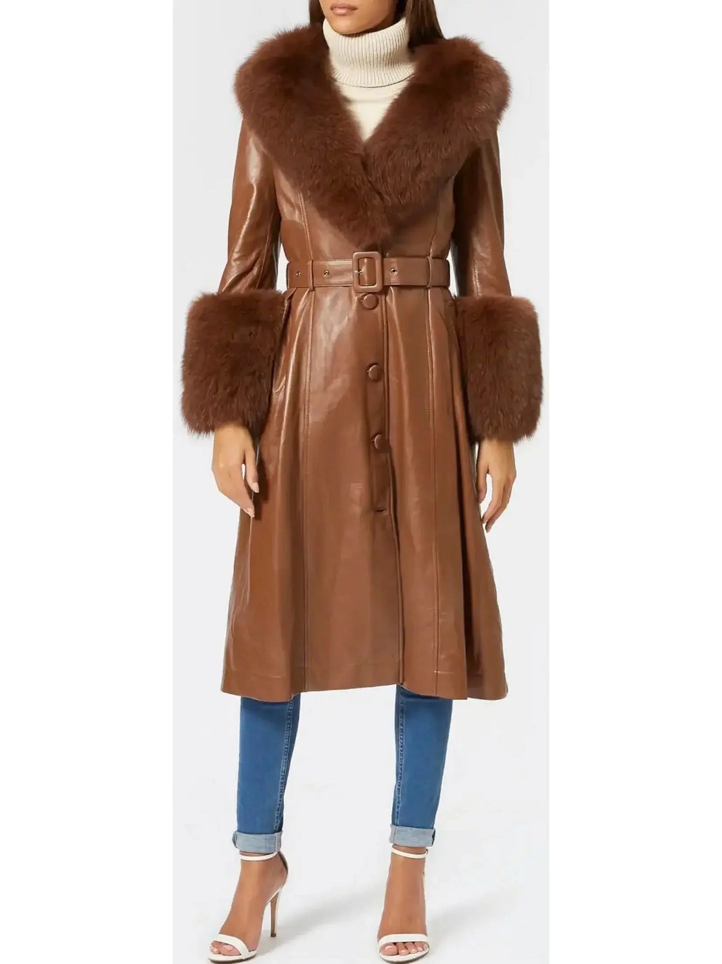 Fur-Trim Leather Coat Brown - Coats
