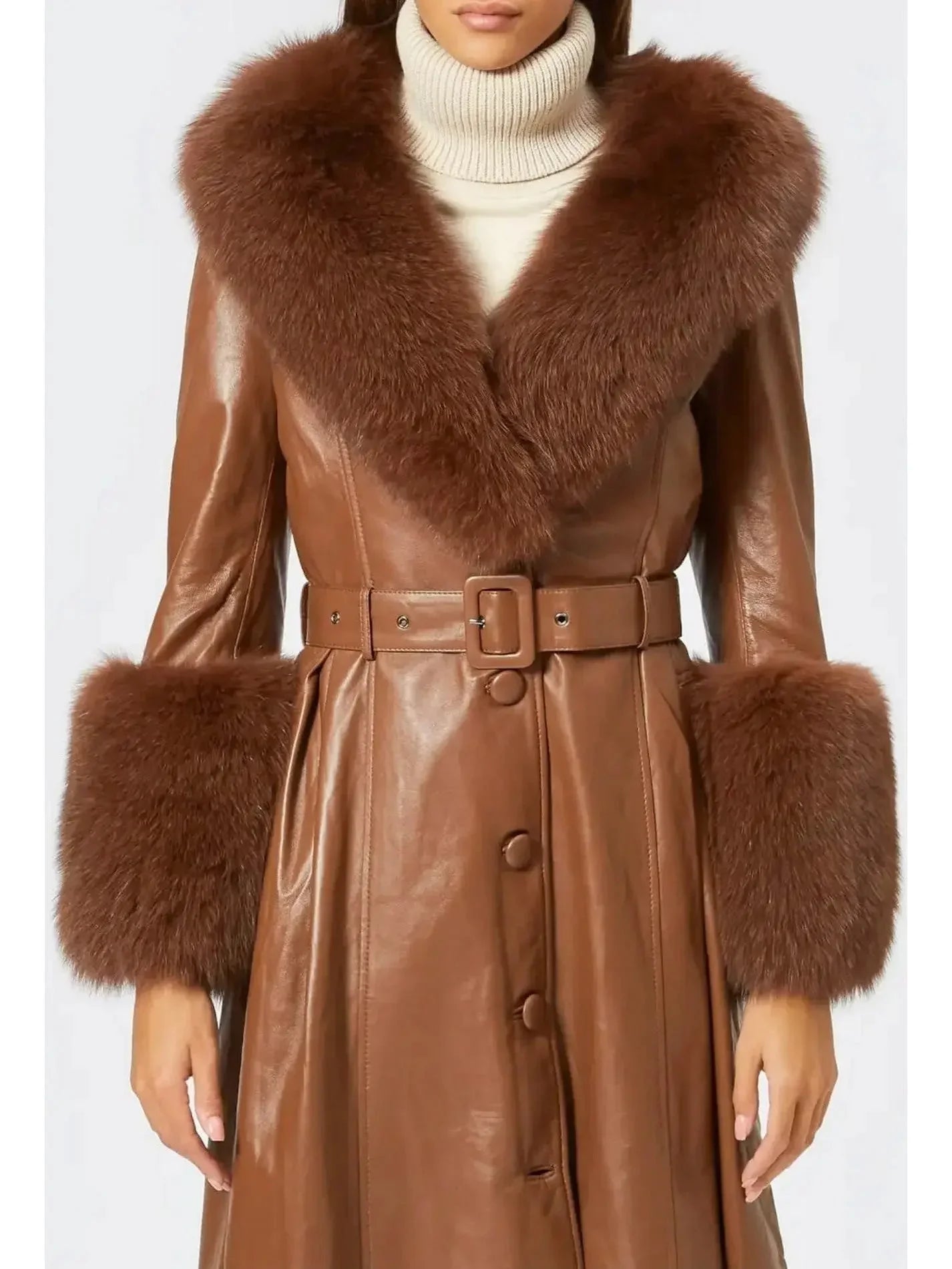 Fur-Trim Leather Coat Brown - Coats
