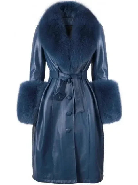 Fur-Trim Leather Coat Navy - Coats