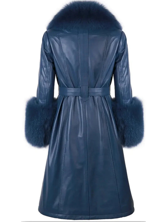 Fur-Trim Leather Coat Navy - Coats