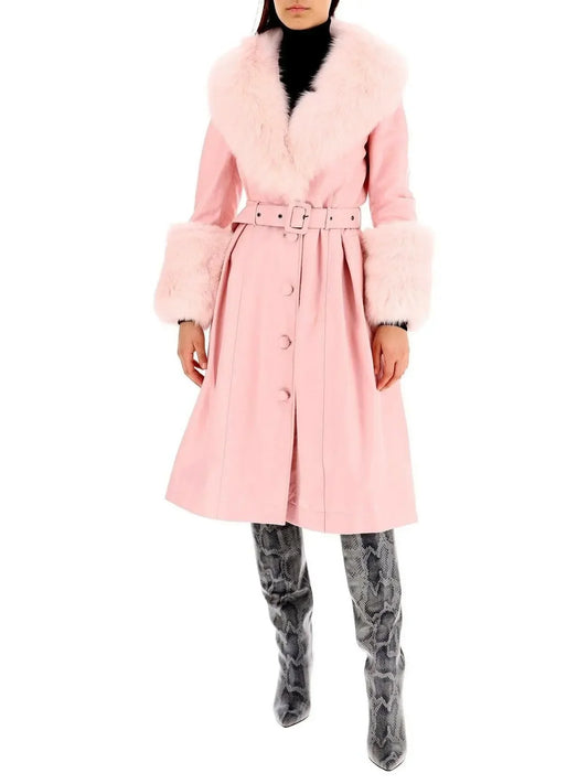 Fur-Trim Leather Coat Pink - Coats