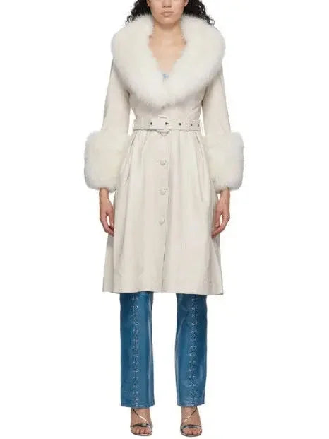 Fur-Trim Leather Coat White - Coats